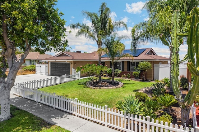 1935 Adobe Ave, Corona, CA 92882 - ranch-style house featuring an attached garage, solar panels, driveway, and stucco siding