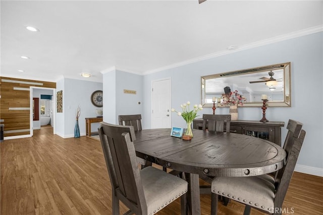 1935 Adobe Ave, Corona, CA 92882 - dining space with crown molding, wood finished floors, recessed lighting, and ceiling fan
