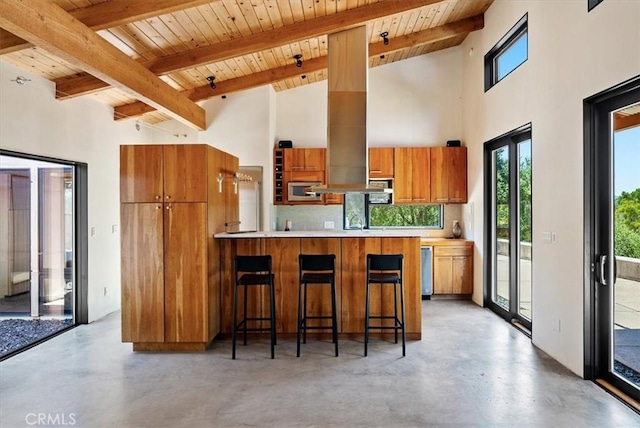 4190 Shadow Canyon Rd, Templeton, CA 93465 - kitchen with a wooden ceiling with exposed beams, brown cabinets, high vaulted ceiling, concrete floors, and light countertops