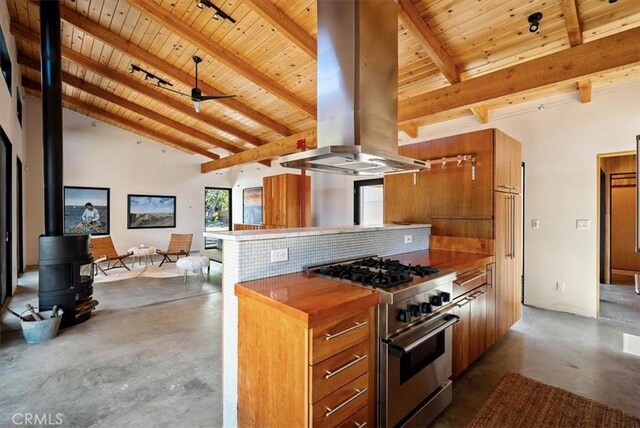 4190 Shadow Canyon Rd, Templeton, CA 93465 - kitchen featuring stainless steel range, island range hood, finished concrete floors, wood ceiling, and healthy amount of natural light