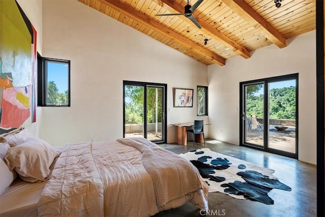 4190 Shadow Canyon Rd, Templeton, CA 93465 - bedroom featuring a wooden ceiling with exposed beams, multiple windows, access to exterior, concrete floors, and high vaulted ceiling
