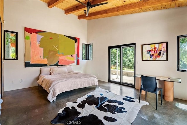 4190 Shadow Canyon Rd, Templeton, CA 93465 - bedroom with a wooden ceiling with exposed beams, concrete floors, access to exterior, a ceiling fan, and a high ceiling