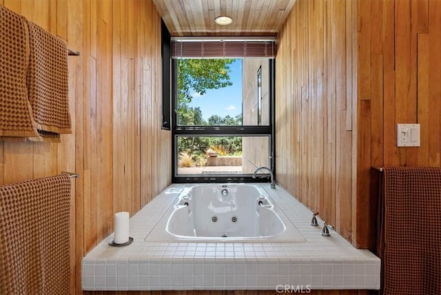 4190 Shadow Canyon Rd, Templeton, CA 93465 - bathroom with wood walls, a whirlpool tub, and wood ceiling