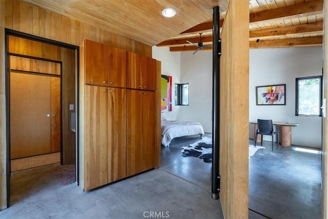 4190 Shadow Canyon Rd, Templeton, CA 93465 - bedroom featuring a wood ceiling with exposed beams, finished concrete floors, multiple windows, and recessed lighting