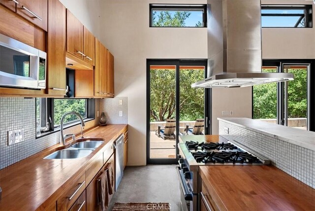 4190 Shadow Canyon Rd, Templeton, CA 93465 - kitchen featuring wood counters, appliances with stainless steel finishes, island range hood, concrete flooring, and tasteful backsplash