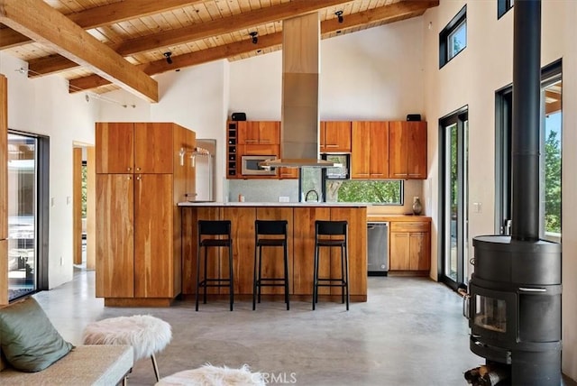 4190 Shadow Canyon Rd, Templeton, CA 93465 - kitchen featuring a wood ceiling with exposed beams, high vaulted ceiling, brown cabinets, appliances with stainless steel finishes, and light countertops