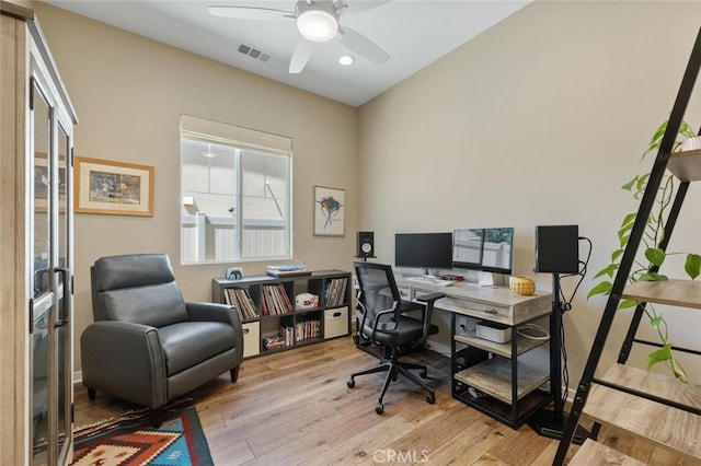 28816 Sedge Ln, Saugus, CA 91350 - home office featuring light wood-type flooring, a ceiling fan, and recessed lighting