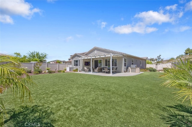 28816 Sedge Ln, Saugus, CA 91350 - back of property with a pergola, a fenced backyard, a patio area, and stucco siding