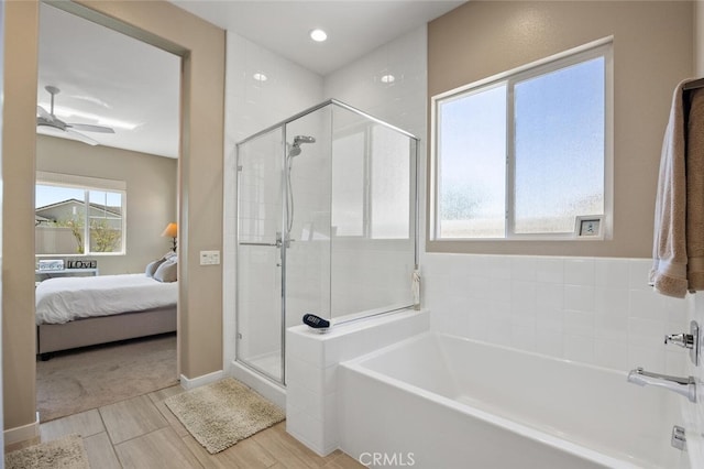 28816 Sedge Ln, Saugus, CA 91350 - bathroom with ensuite bathroom, a bath, a shower stall, and ceiling fan