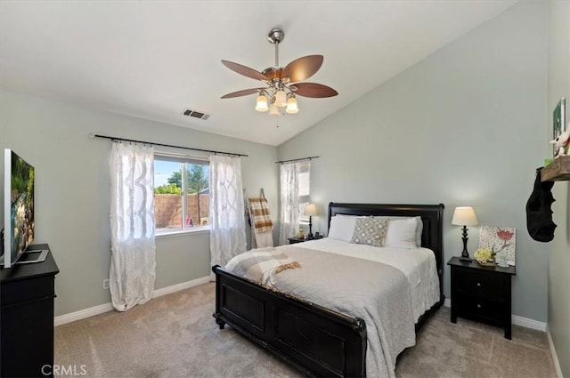 27242 Cabrillo Dr, Menifee, CA 92586 - bedroom with light colored carpet, vaulted ceiling, and ceiling fan
