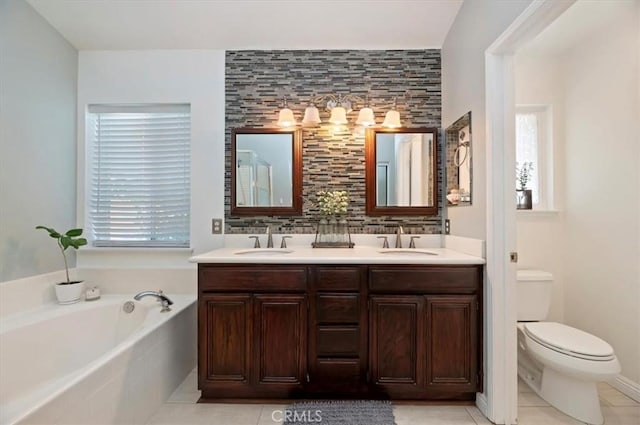 27242 Cabrillo Dr, Menifee, CA 92586 - full bath featuring double vanity, a bath, tile patterned flooring, and tasteful backsplash