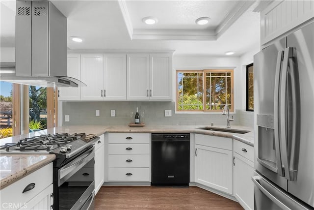 181 Eucalyptus Rd, Nipomo, CA 93444 - kitchen featuring stainless steel appliances, island range hood, a raised ceiling, decorative backsplash, and plenty of natural light