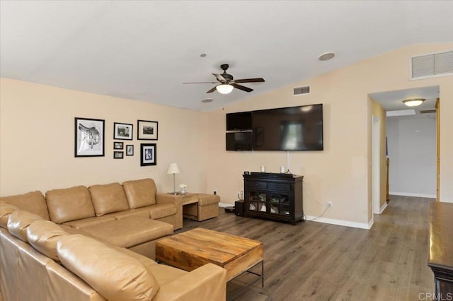 28880 Mac Tan Rd, Valley Center, CA 92082 - living area featuring vaulted ceiling, wood finished floors, and ceiling fan