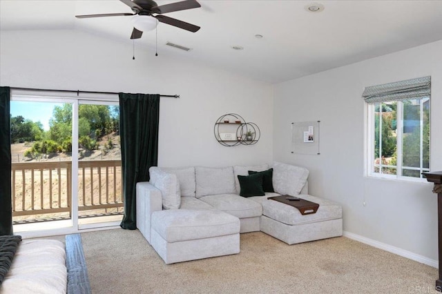 28880 Mac Tan Rd, Valley Center, CA 92082 - carpeted living area featuring a ceiling fan, vaulted ceiling, and healthy amount of natural light