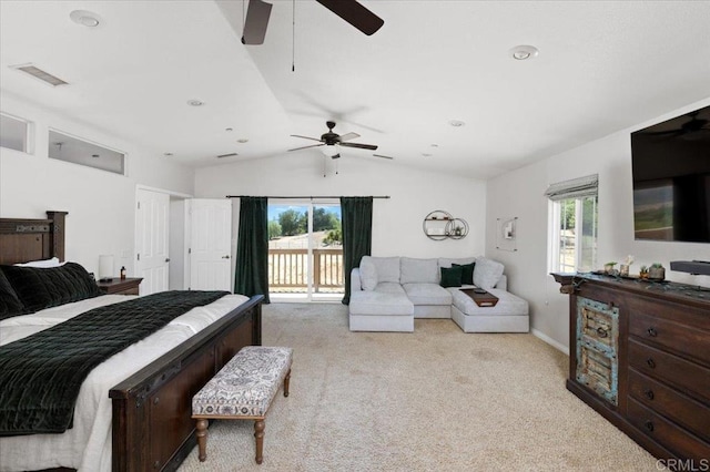 28880 Mac Tan Rd, Valley Center, CA 92082 - bedroom with access to outside, carpet flooring, vaulted ceiling, multiple windows, and ceiling fan