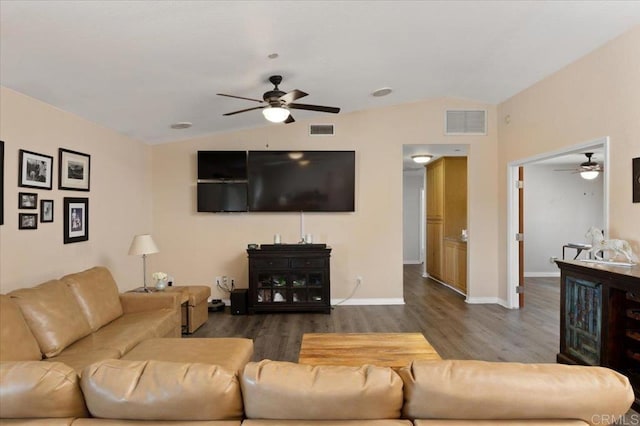 28880 Mac Tan Rd, Valley Center, CA 92082 - living area featuring a ceiling fan, vaulted ceiling, and wood finished floors