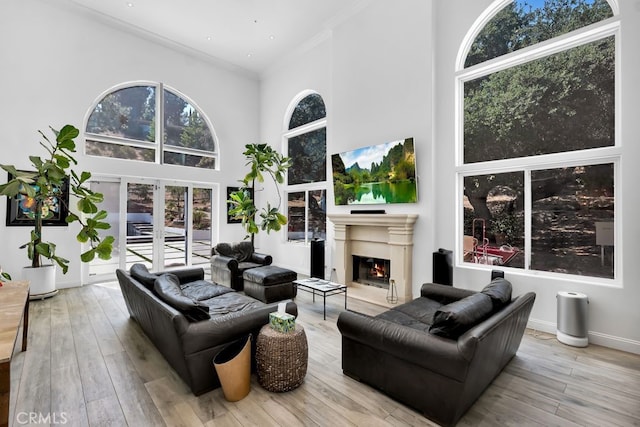 176 Saddlebow Rd, Bell Canyon, CA 91307 - living area featuring a towering ceiling, a lit fireplace, ornamental molding, and wood finished floors
