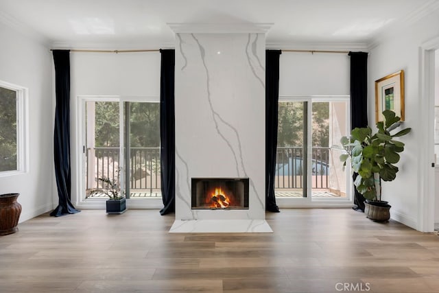 176 Saddlebow Rd, Bell Canyon, CA 91307 - unfurnished living room featuring crown molding, plenty of natural light, wood finished floors, and a high end fireplace