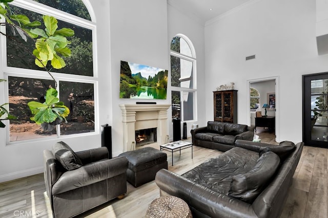 176 Saddlebow Rd, Bell Canyon, CA 91307 - living area featuring a high ceiling, crown molding, wood finished floors, and a lit fireplace
