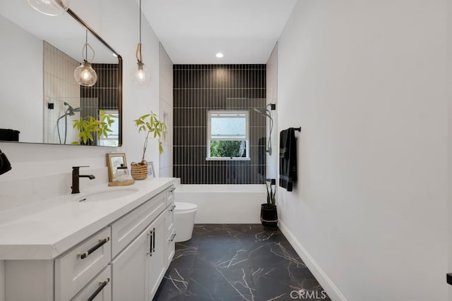 176 Saddlebow Rd, Bell Canyon, CA 91307 - bathroom featuring marble tiled flooring, vanity, recessed lighting, and  shower combination