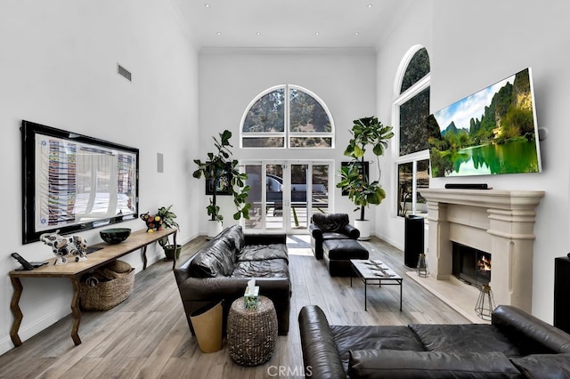 176 Saddlebow Rd, Bell Canyon, CA 91307 - living area featuring a towering ceiling, a fireplace, ornamental molding, and wood finished floors