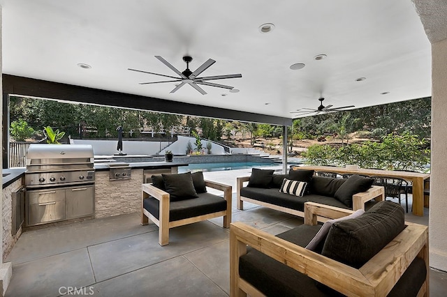 176 Saddlebow Rd, Bell Canyon, CA 91307 - view of patio featuring exterior kitchen, a ceiling fan, an outdoor living space, and an outdoor pool