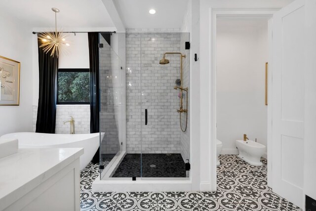 176 Saddlebow Rd, Bell Canyon, CA 91307 - full bath with a bidet, a stall shower, vanity, tile patterned flooring, and recessed lighting