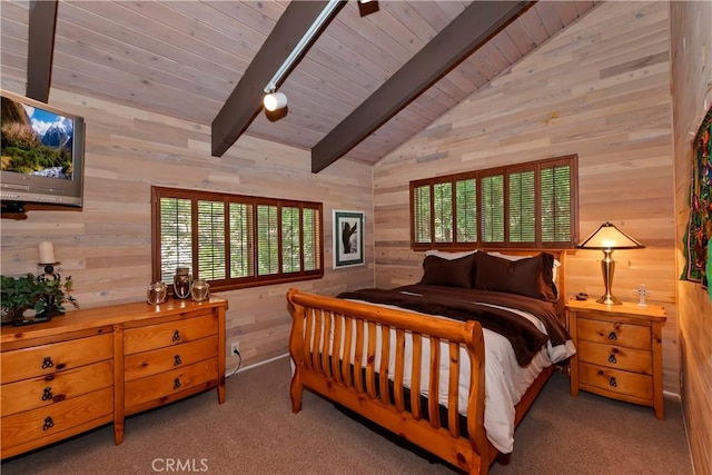 544 Old Toll Rd, Lake Arrowhead, CA 92352 - bedroom with wooden walls, wood ceiling, and carpet floors