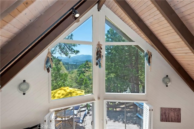 544 Old Toll Rd, Lake Arrowhead, CA 92352 - detailed view of a wooden ceiling with exposed beams and mountains