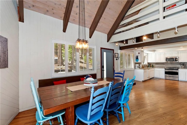 544 Old Toll Rd, Lake Arrowhead, CA 92352 - dining area featuring light wood-style flooring, wooden ceiling, and a chandelier