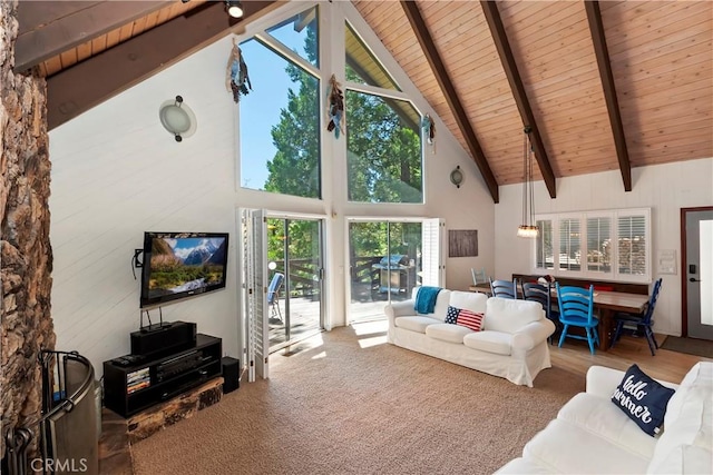 544 Old Toll Rd, Lake Arrowhead, CA 92352 - living area with a wooden ceiling with exposed beams and high vaulted ceiling