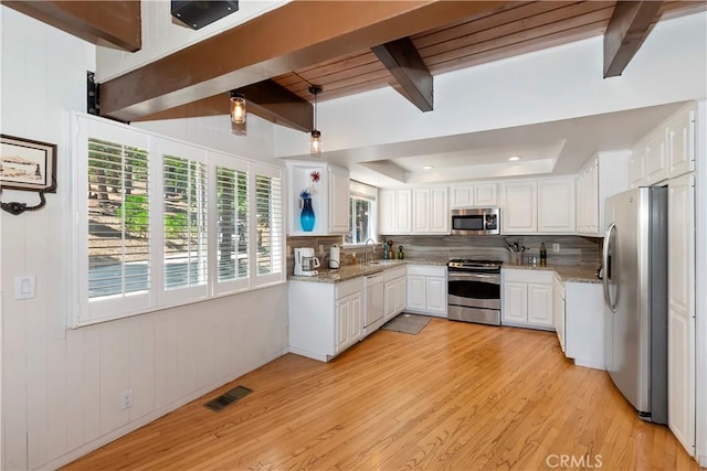 544 Old Toll Rd, Lake Arrowhead, CA 92352 - kitchen with appliances with stainless steel finishes, beamed ceiling, a tray ceiling, white cabinets, and light wood-style floors