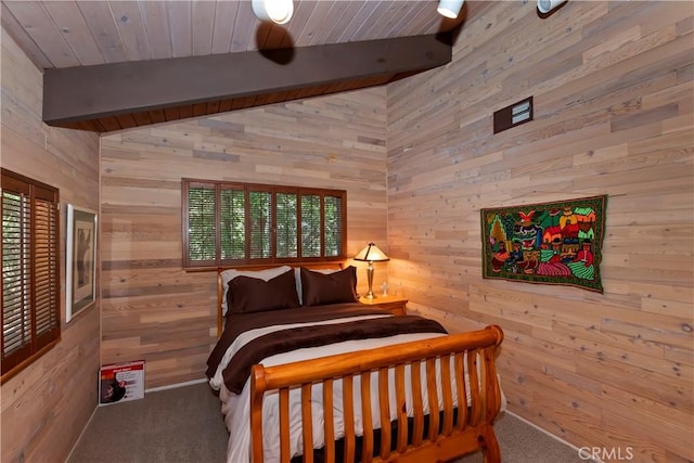 544 Old Toll Rd, Lake Arrowhead, CA 92352 - bedroom featuring wood walls, carpet, multiple windows, and wooden ceiling