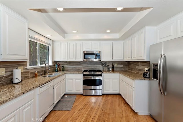 544 Old Toll Rd, Lake Arrowhead, CA 92352 - kitchen with stainless steel appliances, a raised ceiling, decorative backsplash, white cabinetry, and recessed lighting