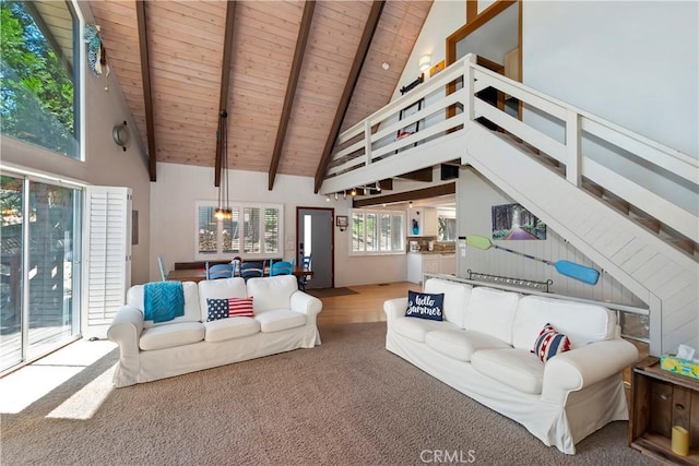 544 Old Toll Rd, Lake Arrowhead, CA 92352 - living area featuring a wooden ceiling with exposed beams, carpet, and high vaulted ceiling