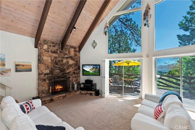 544 Old Toll Rd, Lake Arrowhead, CA 92352 - carpeted living room with a wood ceiling with exposed beams, high vaulted ceiling, plenty of natural light, and a fireplace
