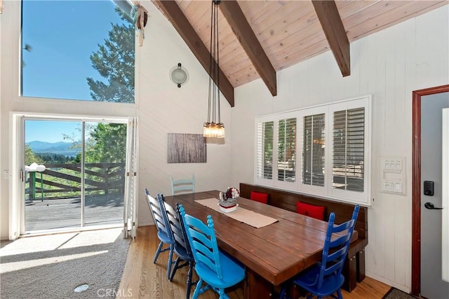 544 Old Toll Rd, Lake Arrowhead, CA 92352 - dining room featuring wood finished floors, a wood ceiling with exposed beams, and high vaulted ceiling