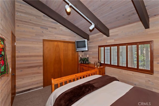 544 Old Toll Rd, Lake Arrowhead, CA 92352 - carpeted bedroom featuring wood walls, wooden ceiling, and track lighting