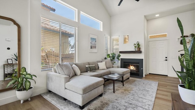 4058 Ivey Vista Way, Oceanside, CA 92057 - living area featuring plenty of natural light, wood finished floors, a glass covered fireplace, high vaulted ceiling, and ceiling fan