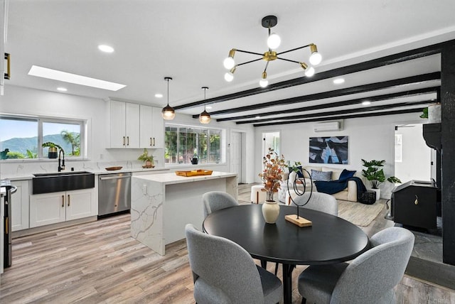 12049 Coping Pl, Lakeside, CA 92040 - dining room with light wood-style flooring, recessed lighting, beam ceiling, a wall mounted air conditioner, and a chandelier