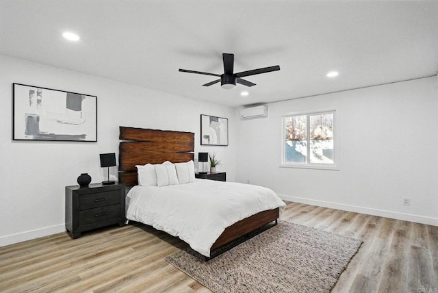 12049 Coping Pl, Lakeside, CA 92040 - bedroom with a wall mounted air conditioner, recessed lighting, light wood-style floors, and a ceiling fan