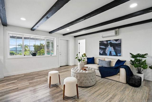 12049 Coping Pl, Lakeside, CA 92040 - living area featuring a wall mounted AC, beam ceiling, light wood finished floors, and recessed lighting