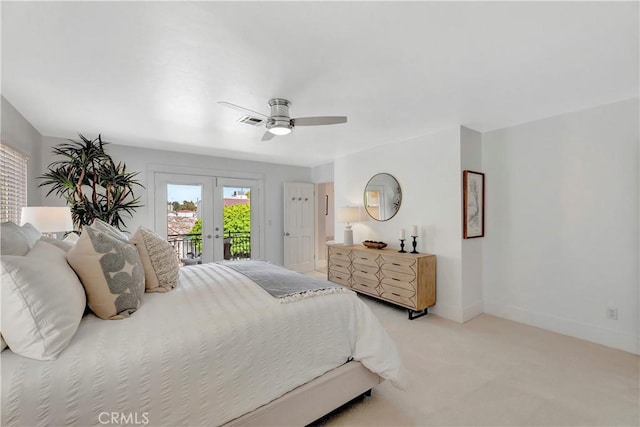 218 Covina Ave, Long Beach, CA 90803 - bedroom with french doors, access to outside, light colored carpet, and a ceiling fan