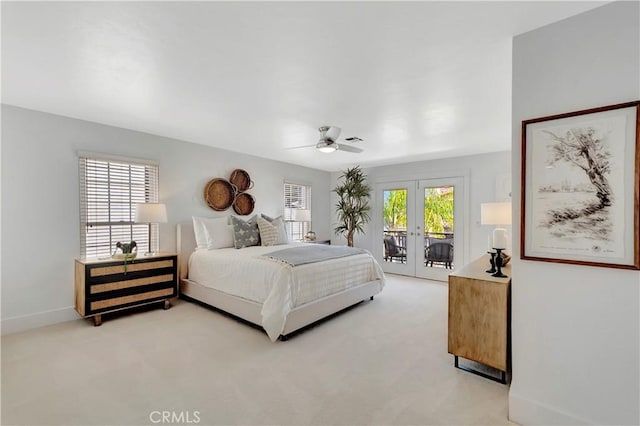 218 Covina Ave, Long Beach, CA 90803 - bedroom with access to exterior, french doors, light carpet, and ceiling fan