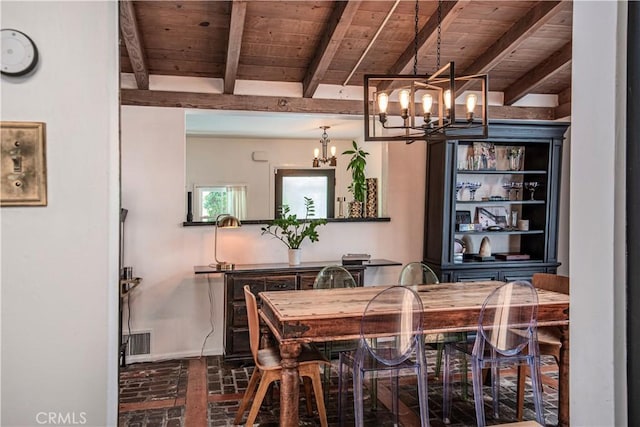 1551 N Beverly Glen Blvd, Los Angeles, CA 90077 - dining space with a chandelier, brick floors, and a wood ceiling with exposed beams