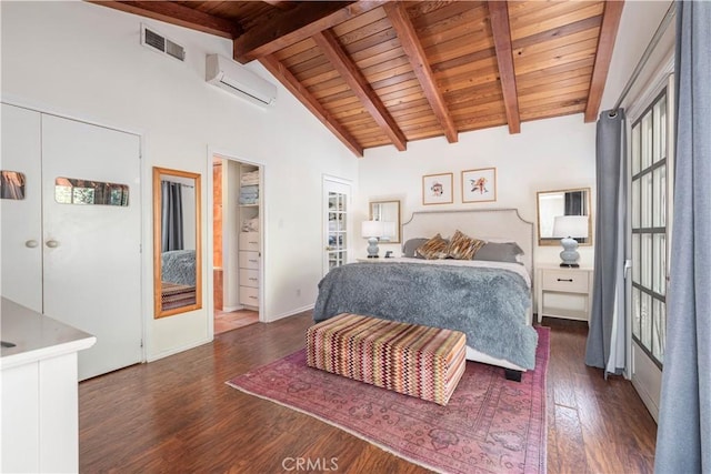 1551 N Beverly Glen Blvd, Los Angeles, CA 90077 - bedroom with a wall unit AC, a wooden ceiling with exposed beams, dark wood-style flooring, high vaulted ceiling, and ensuite bath