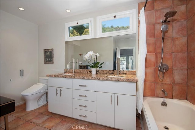 1551 N Beverly Glen Blvd, Los Angeles, CA 90077 - bathroom featuring double vanity, shower / tub combo with curtain, and recessed lighting