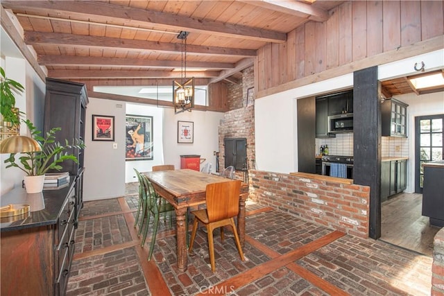 1551 N Beverly Glen Blvd, Los Angeles, CA 90077 - dining space featuring brick floors, wooden ceiling, and a chandelier