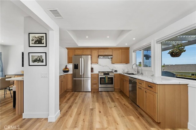 416 Via Pichon, San Clemente, CA 92672 - kitchen with stainless steel appliances, under cabinet range hood, a tray ceiling, light wood-type flooring, and recessed lighting