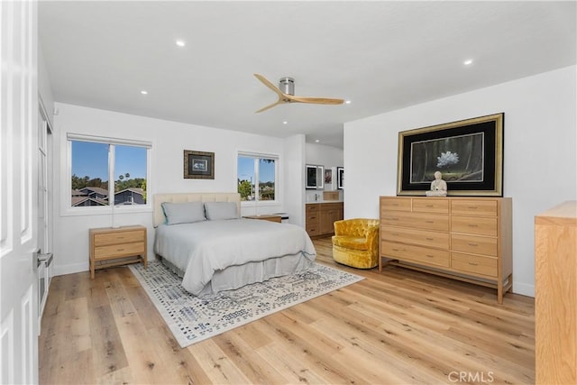 416 Via Pichon, San Clemente, CA 92672 - bedroom with light wood-style flooring, recessed lighting, a ceiling fan, and connected bathroom